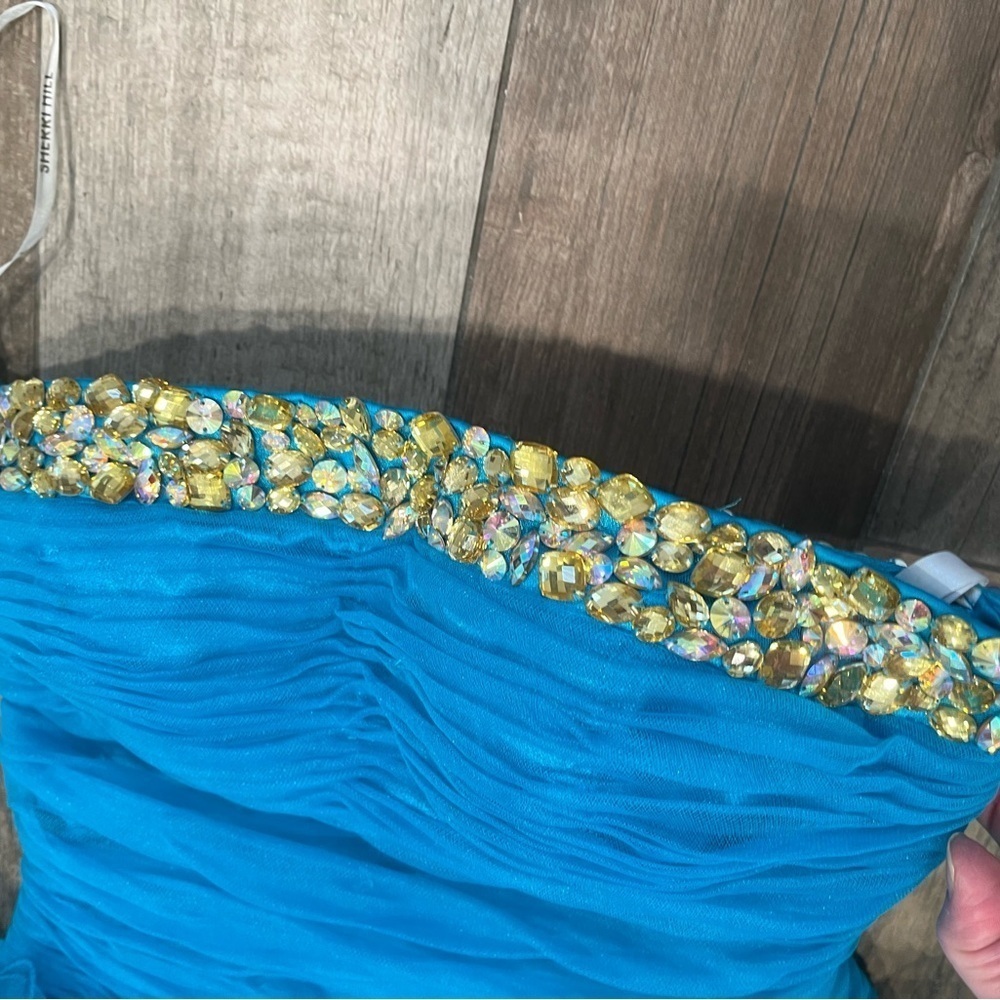 sherri hill 2326 Turquoise size 2 cocktail dress bow Rhinestone Flounce Ruffle - Picture 4 of 15